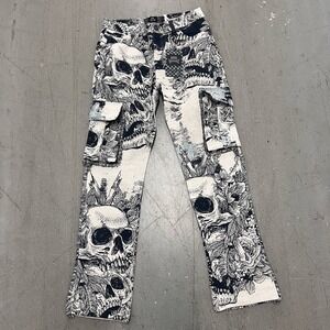 Rebel Vengeance Tapestry Cargo Jeans Mens‎ Skull Skeleton Goth Streetwear Y2K 30